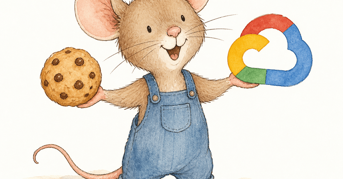 A watercolor mouse in blue overalls holding a chocolate-chip cookie in one hand and the Google Cloud logo in the other.