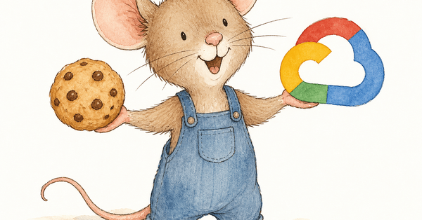 A watercolor mouse in blue overalls holding a chocolate-chip cookie in one hand and the Google Cloud logo in the other.
